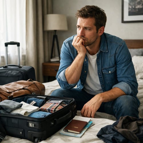 Mann, der auf dem Bett sitzt, mit gepackten Koffern, und unschlüssig, ob er gehen soll oder nicht