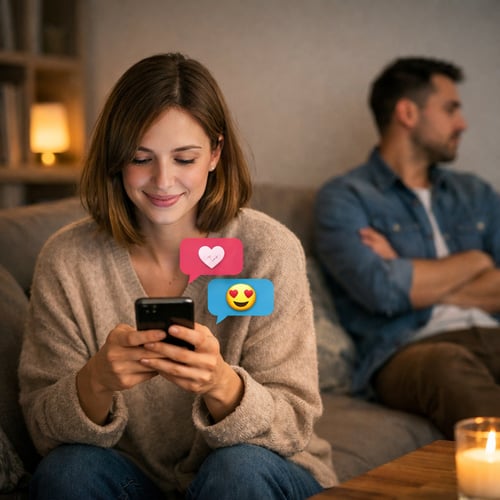 Ein Paar sitzt auf dem Sofa, die Frau mit dem Rücken zum Partner, verliebt aufs Handy schauend
