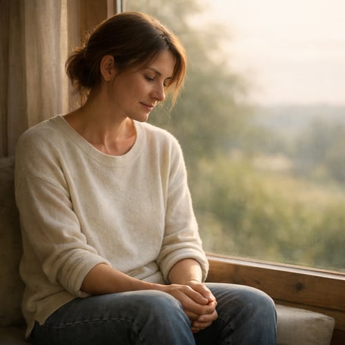 Eine einzelne Person sitzt ruhig an einem Fenster. Der Blick ist nach innen gerichtet.