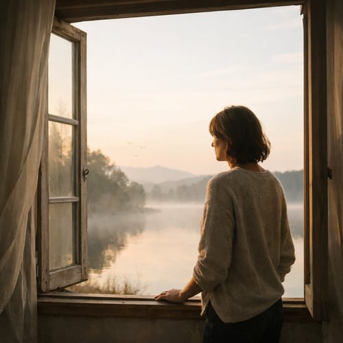 Man sieht eine Frau seitlich von hinten, die an einem offenen Fenster steht, im Hintergrund ein See. Die Stimmung ist still, nachdenklich und hoffnungsvoll zugleich.