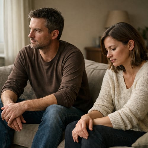 Foto von zwei Menschen in einem nachdenklichen Moment, in dem Distanz, Unsicherheit und mögliche Klarheit zugleich spürbar werden, ein stilles inneres Abwägen.  