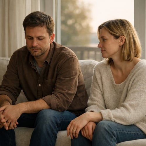 Foto von zwei Menschen in einer stillen, emotional offenen Situation, in der Verletzlichkeit und vorsichtige Annäherung spürbar werden. Ein echter Moment zwischen Distanz, Nachdenken und möglichem Neubeginn.  