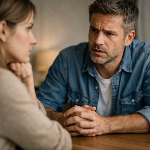 Zwei Menschen sitzen sich gegenüber an einem Tisch oder in einem ruhigen Raum. Die Körpersprache zeigt Spannung, aber keine dramatische Eskalation. Eine Person blickt angespannt zur Seite, während die andere etwas sagen möchte. 