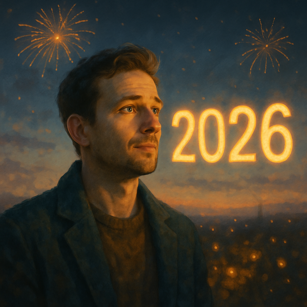 mann blickt kritisch, hoffnungsvoll und optischtisch ins neue jahr 2026