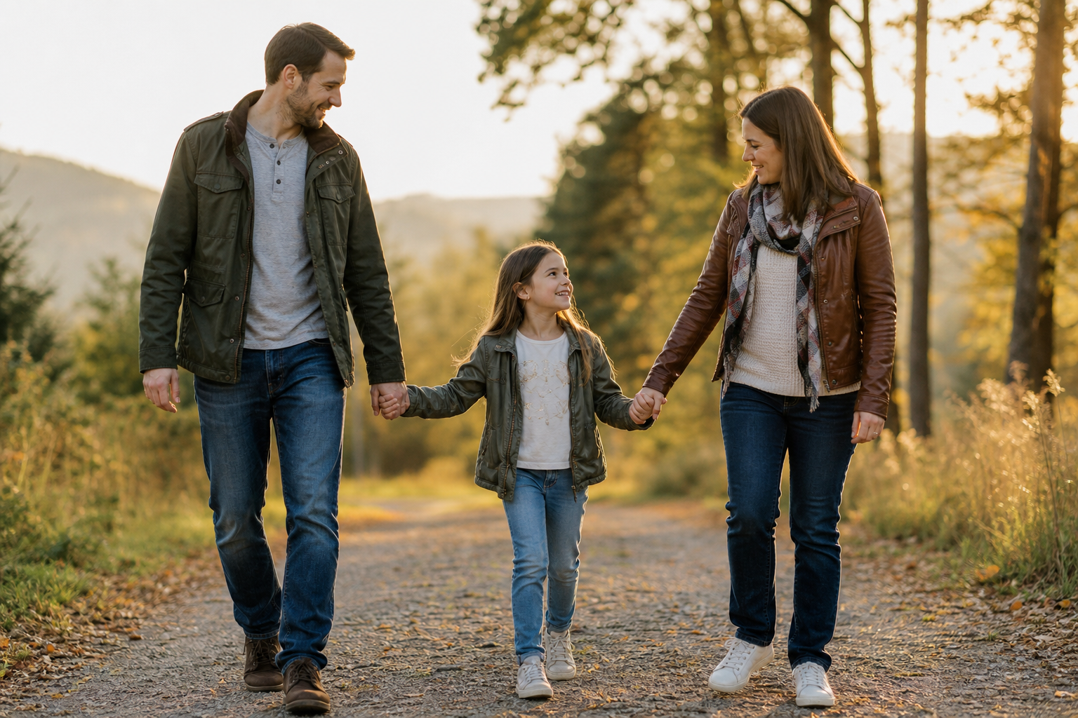 Ein Elternpaar geht im warmen Abendlicht mit seinem Kind einen Weg entlang, das Kind in der Mitte an beiden Händen gehalten – Symbol für eine verantwortungsvolle Trennung mit Kindern.